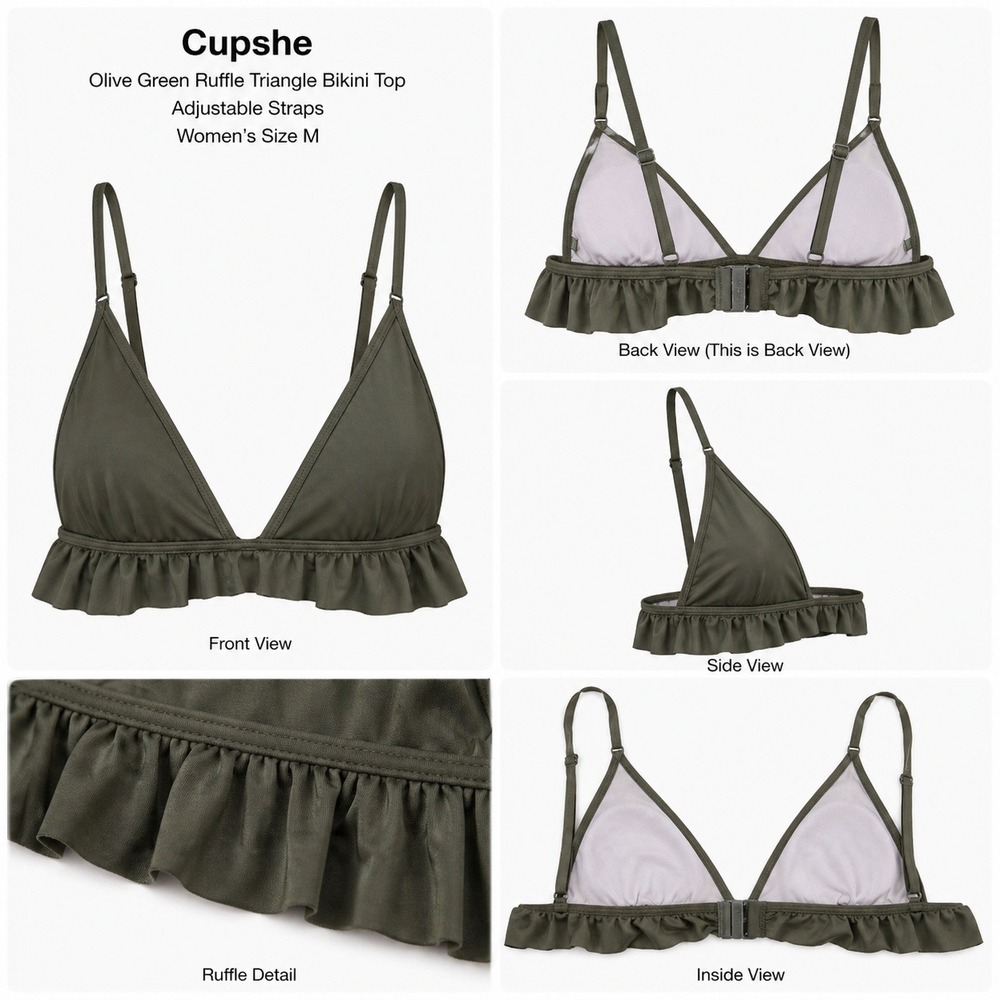 Cupshe Olive Green Ruffle Triangle Bikini Top Adjustable Straps Womens Size M
